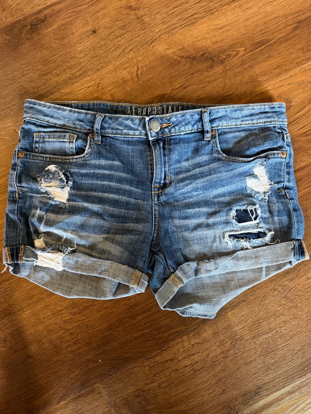 Aeropostale MIDI Denim Shorts Size 12 Distressed Mid Rise Cuffed Blue Jean Short